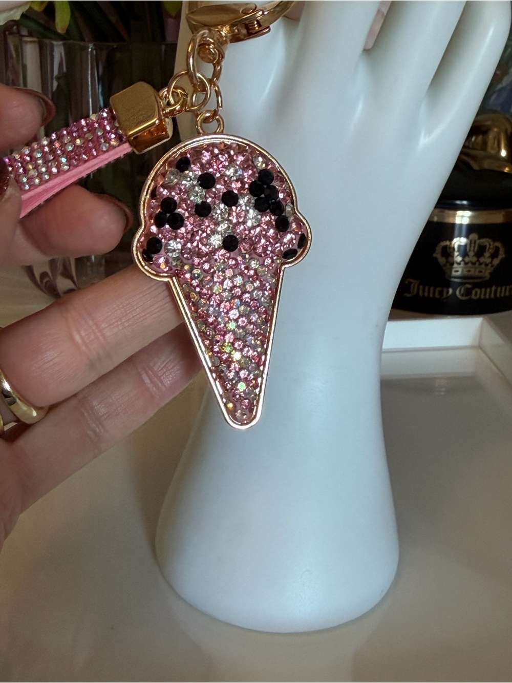 Pink Crystal Ice Cream Key Holder Charm with Gold Hardware